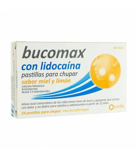 BUCOMAX con lidocaína 24past para chupar sabor miel y limón Dolor de garganta