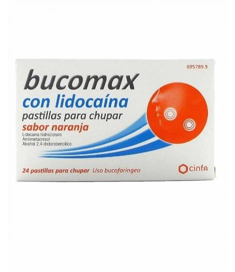 BUCOMAX con lidocaína 24past para chupar sabor naranja Dolor de garganta